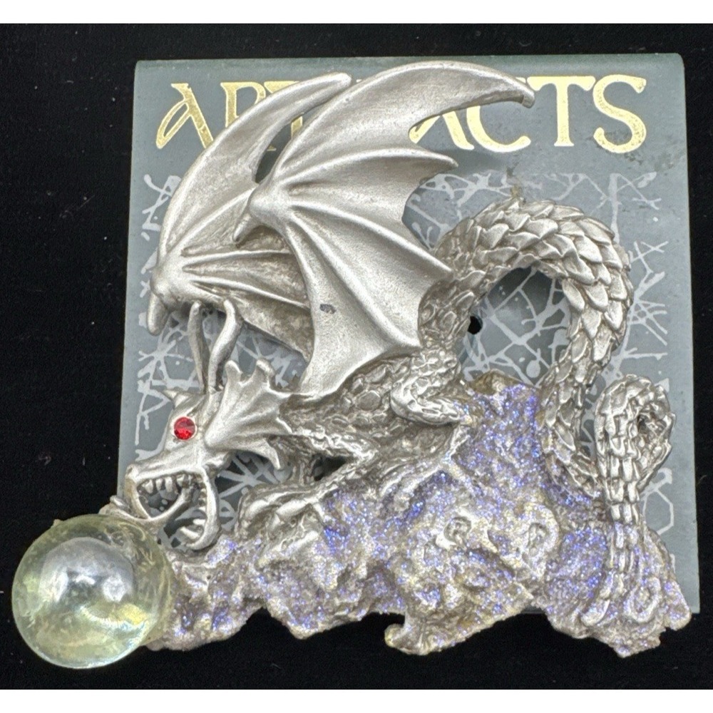 Medieval Fantasy Dragon Pewter Pin Crystal Ball Gothic Castle Cloak Jacket Pin